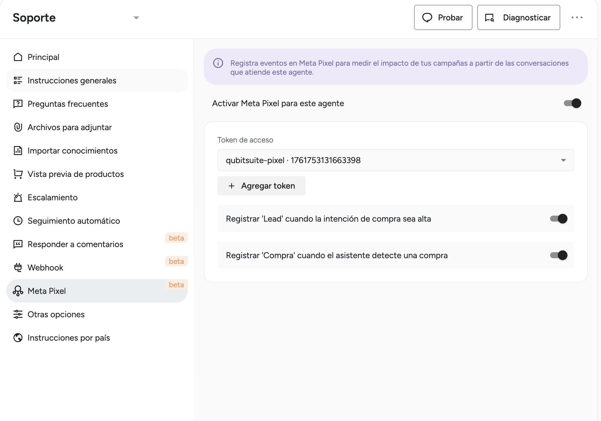 Configuración de Meta Pixel en un agente con los disparadores automáticos activados