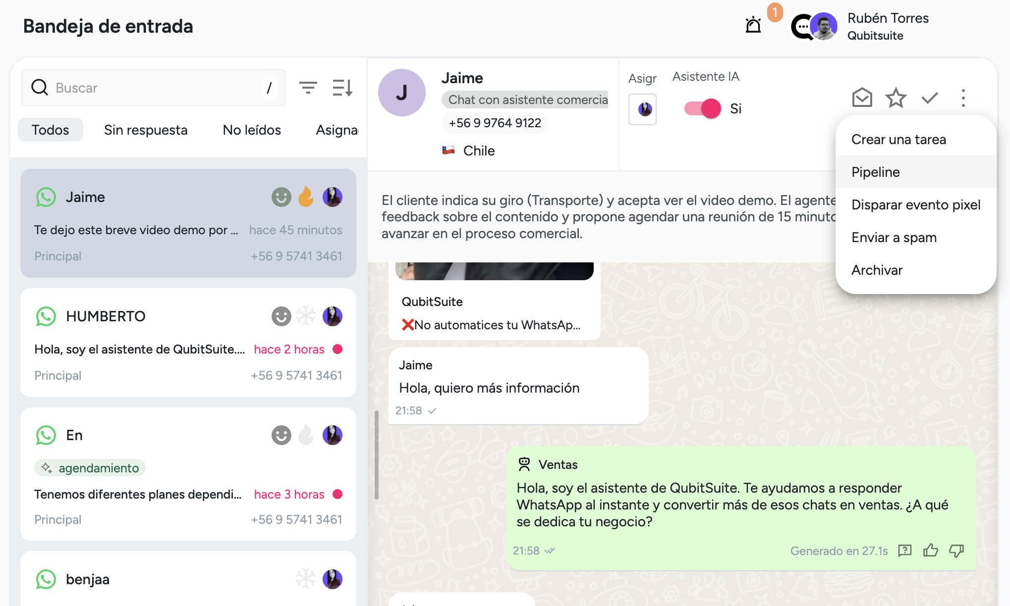 Opción Disparar evento pixel en el menú de un contacto de la bandeja de entrada