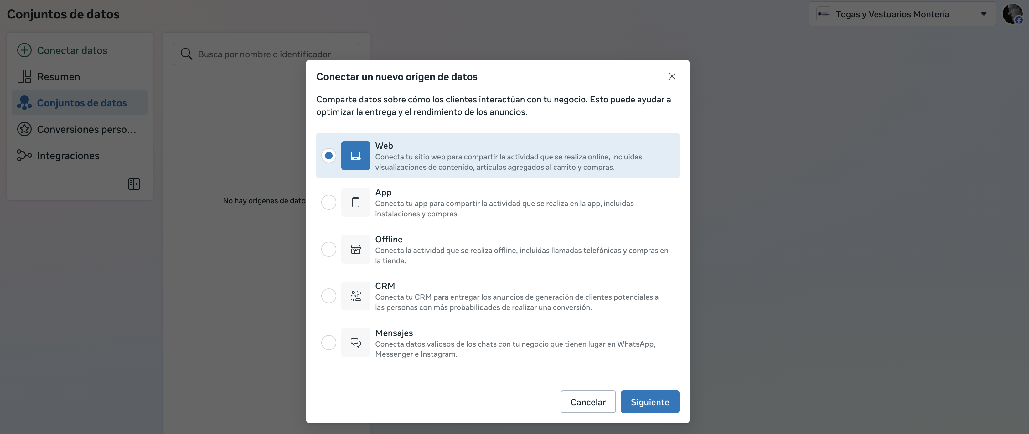 Ventana Conectar un nuevo origen de datos con la opción Web seleccionada